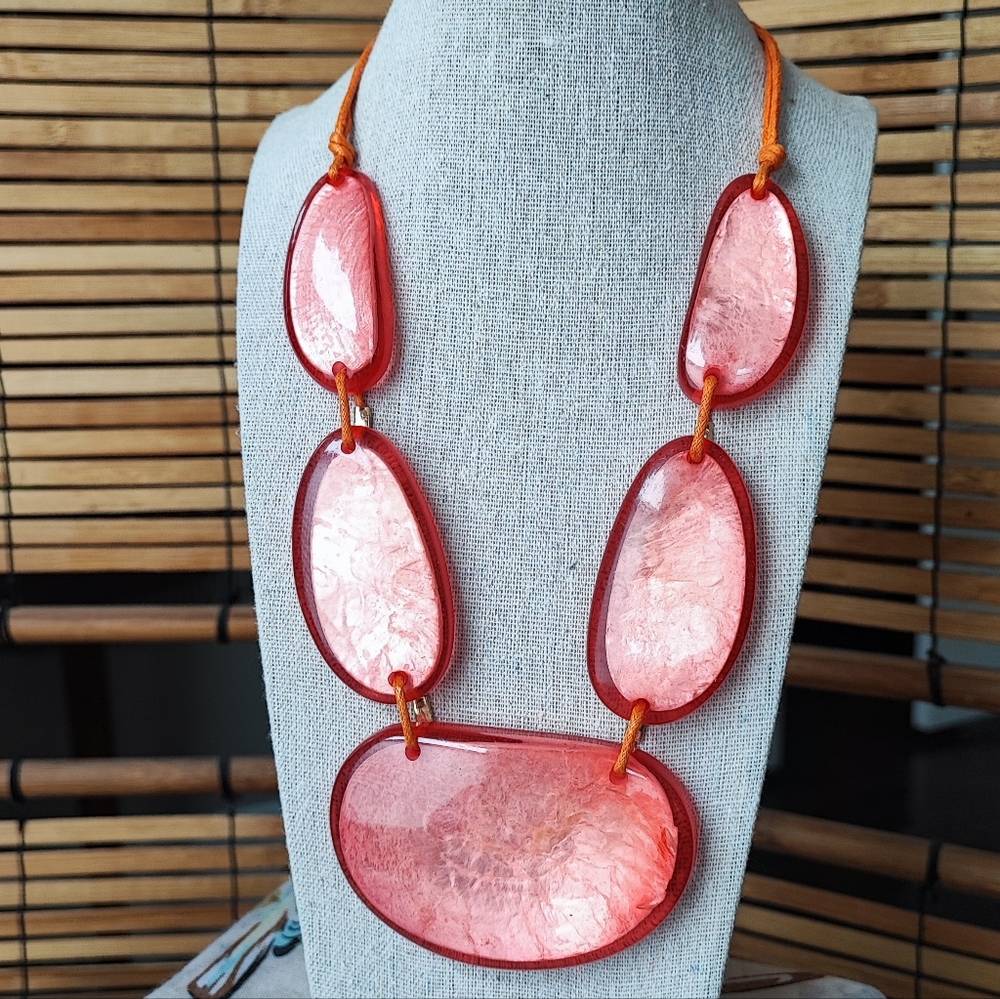 Salmon Coral 5 Lucite Large Slab Vintage Statement Necklace Orange Leather Cord